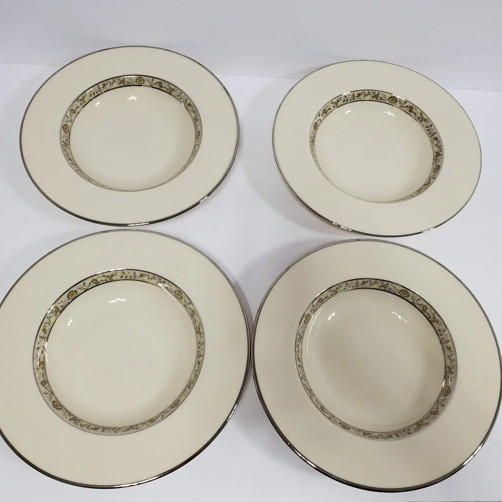Lenox Springdale Rimmed Soup Bowls Set of 4 Ivory Platinum Trim Floral Pattern